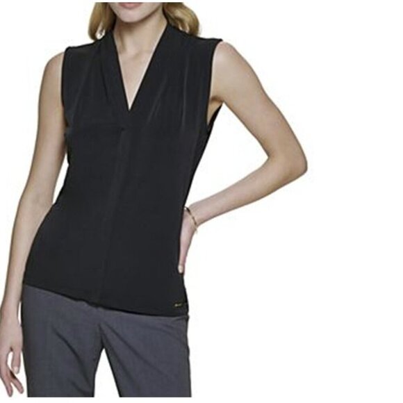 Calvin Klein Gathered V Neck Sleeveless Black Tank Top - Picture 1 of 7
